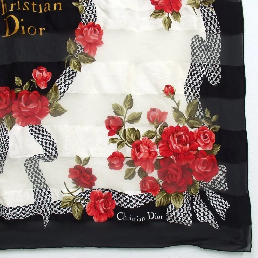 Authentic Christian Dior Rose pattern scarf silk [Used]